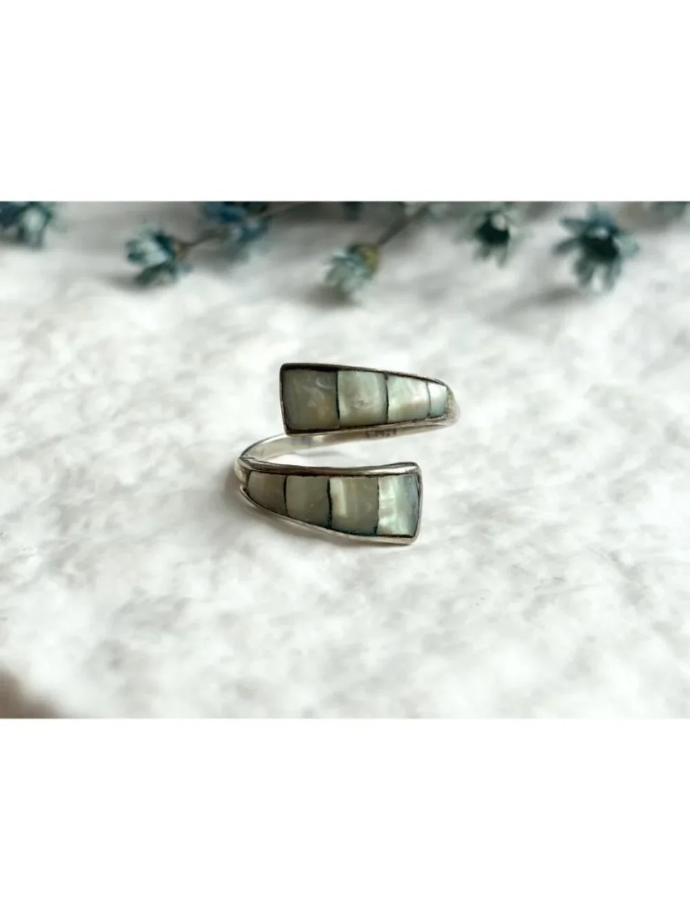 Mother of Pearl Inlay Wrap Taxco, Mexico Sterling Silver 925 Vintage Ring - sz 8
